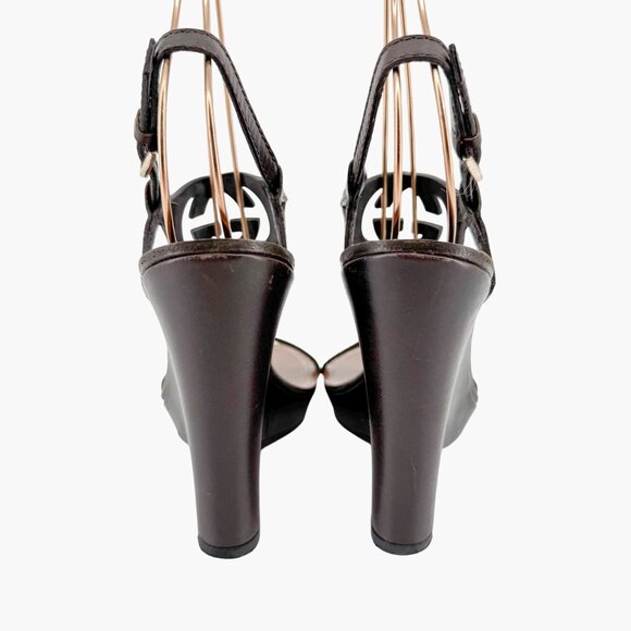 Gucci GG Interlock Cutout Wedge Sandals Size 7.5 Brown Leather Logo Platform - Picture 6 of 16